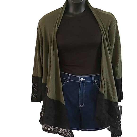 Forgotten Grace Women's 2X Olive Green Knit Open Duster with Black Lace Trim - Picture 1 of 6